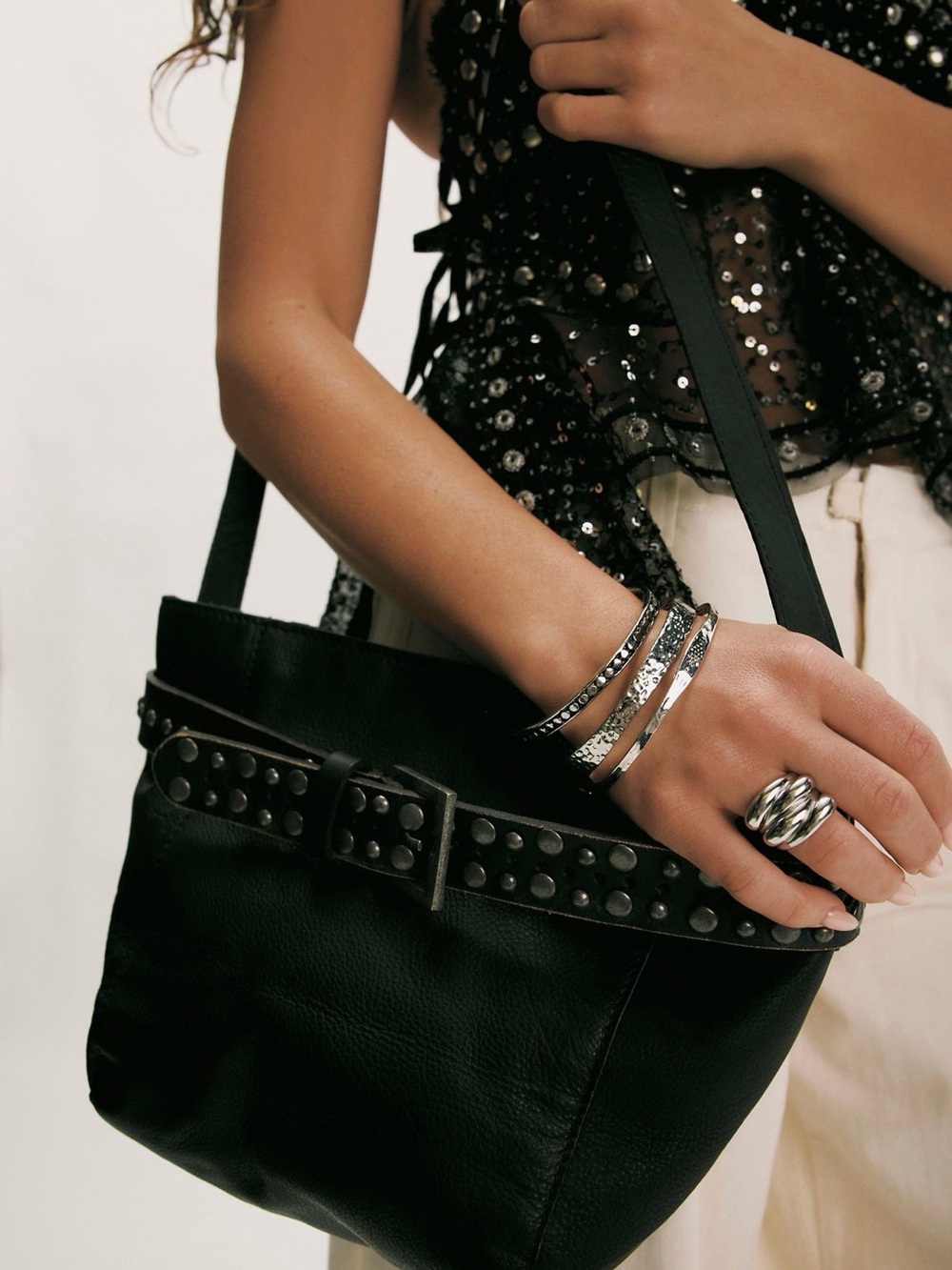 Free People Embellished Belt Bucket Bag in Black, NWT